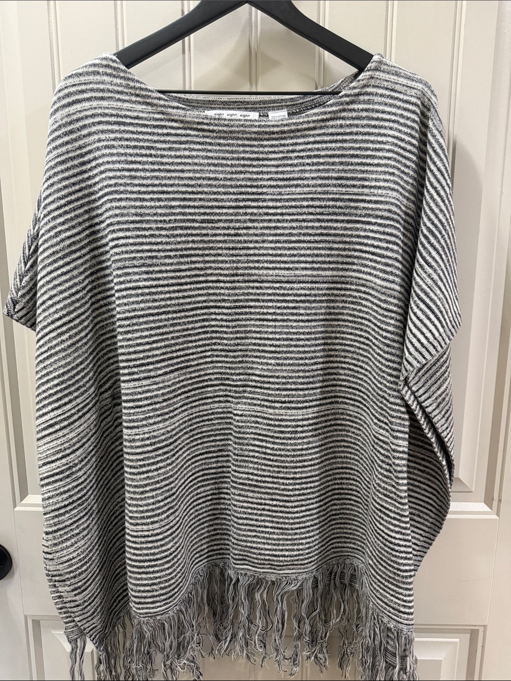 eight eight eight Striped Fringe Poncho Sweater - Gray & White